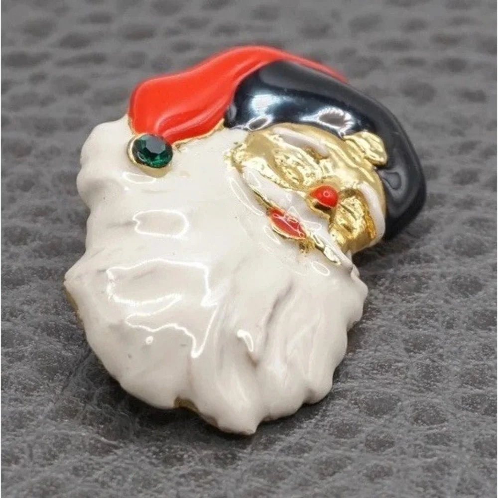 Vintage Santa Claus Brooch Enamel Red Green Gold Tone